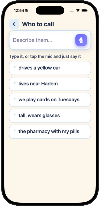 The Who to call screen, where you describe a person with hints like drives a yellow car or lives near Harlem.
