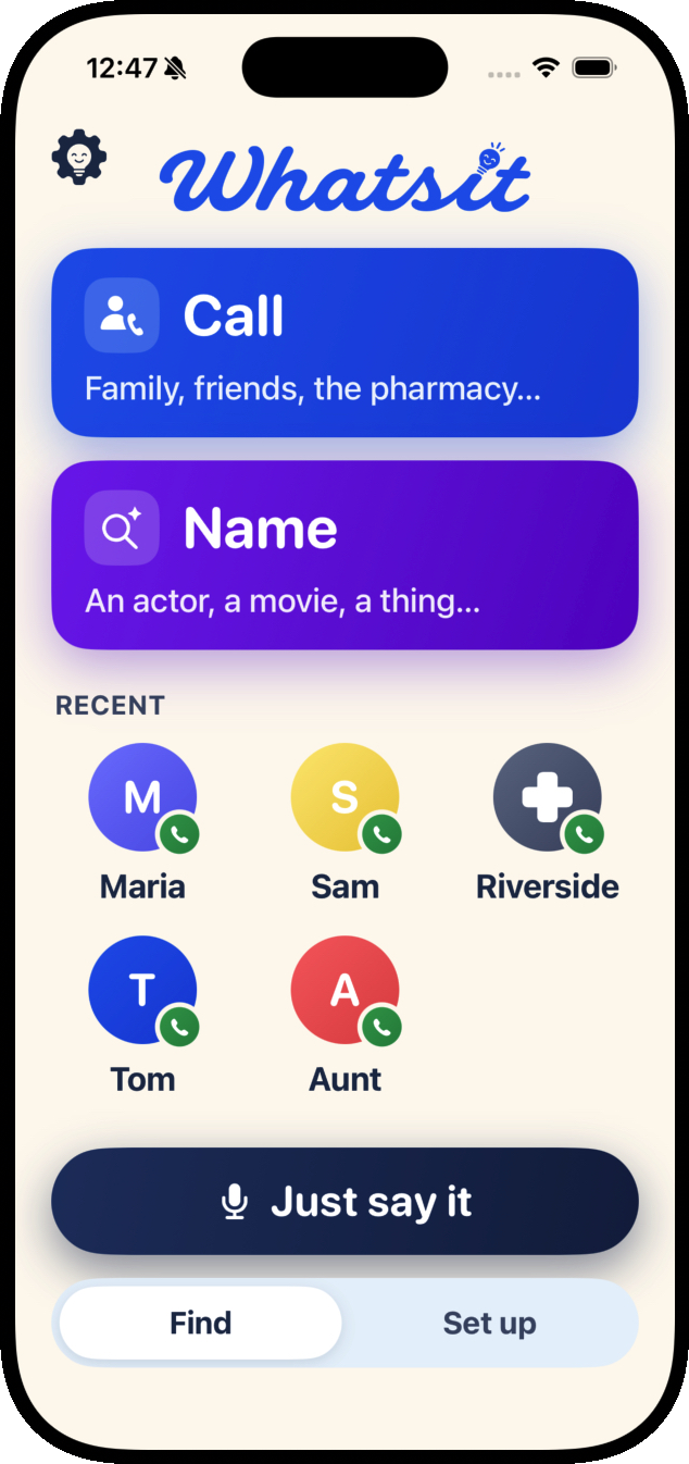 The Whatsit home screen: a big Call button, a big Name button, recent people to call, and a Just say it button.