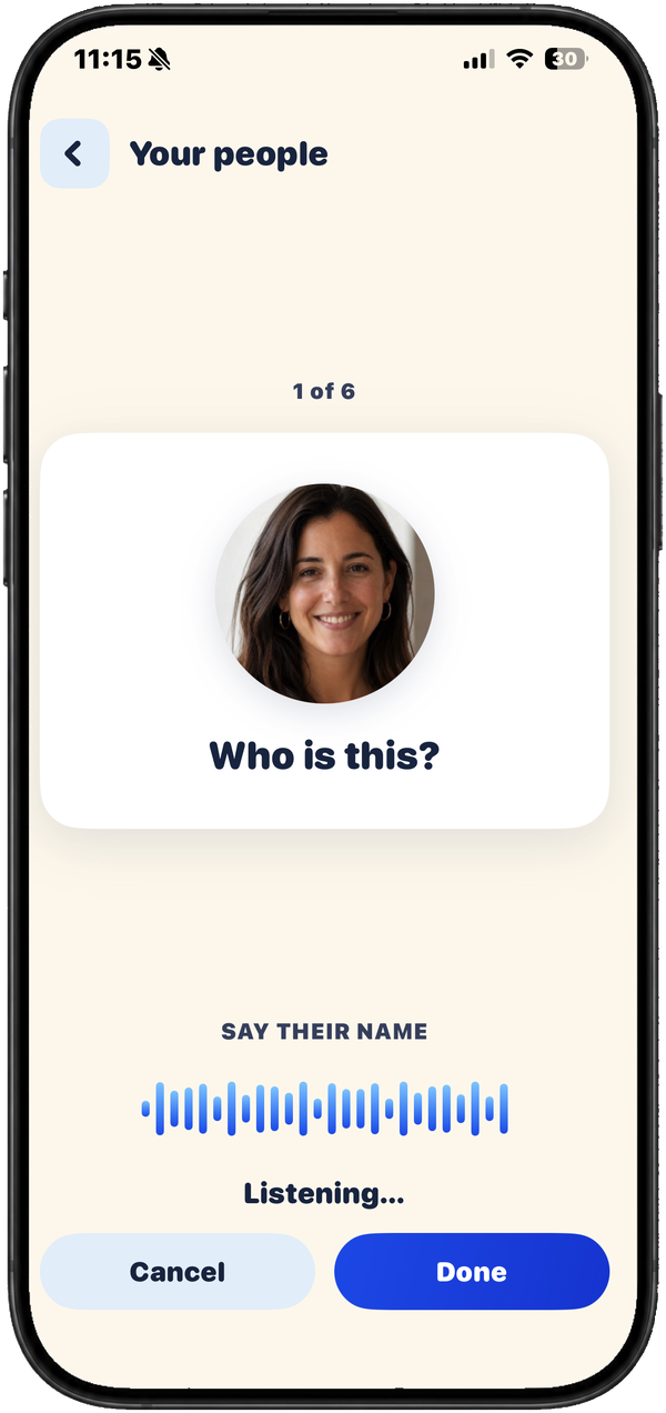 The Your people round, showing a face with the prompt Who is this, and Listening as you say the name.