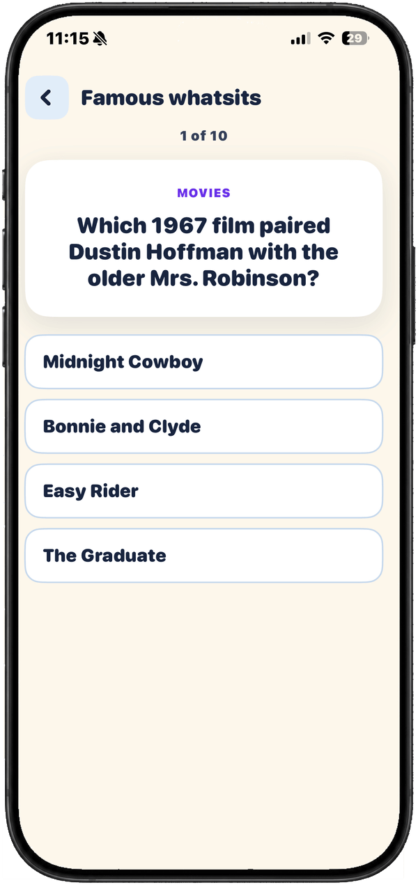 The Famous whatsits round, asking which 1967 film paired Dustin Hoffman with the older Mrs. Robinson.