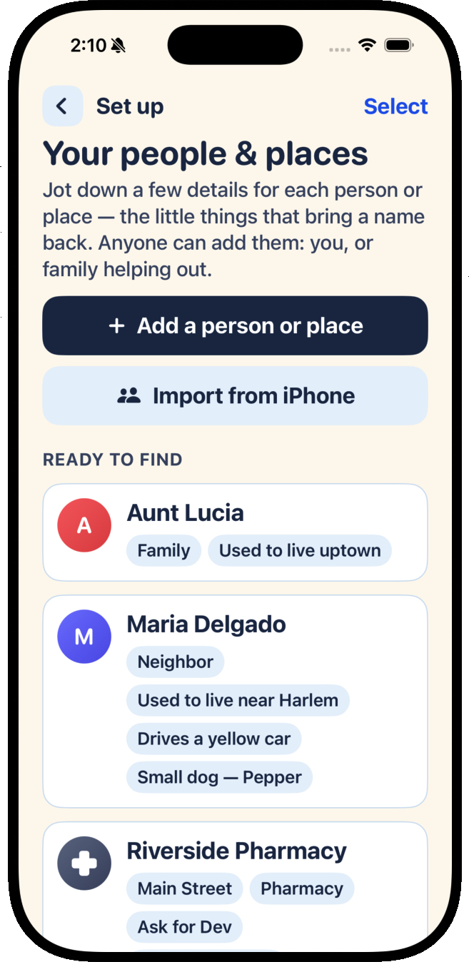 The Set up screen, Your people and places, with cards for Aunt Lucia, Maria Delgado, and Riverside Pharmacy.